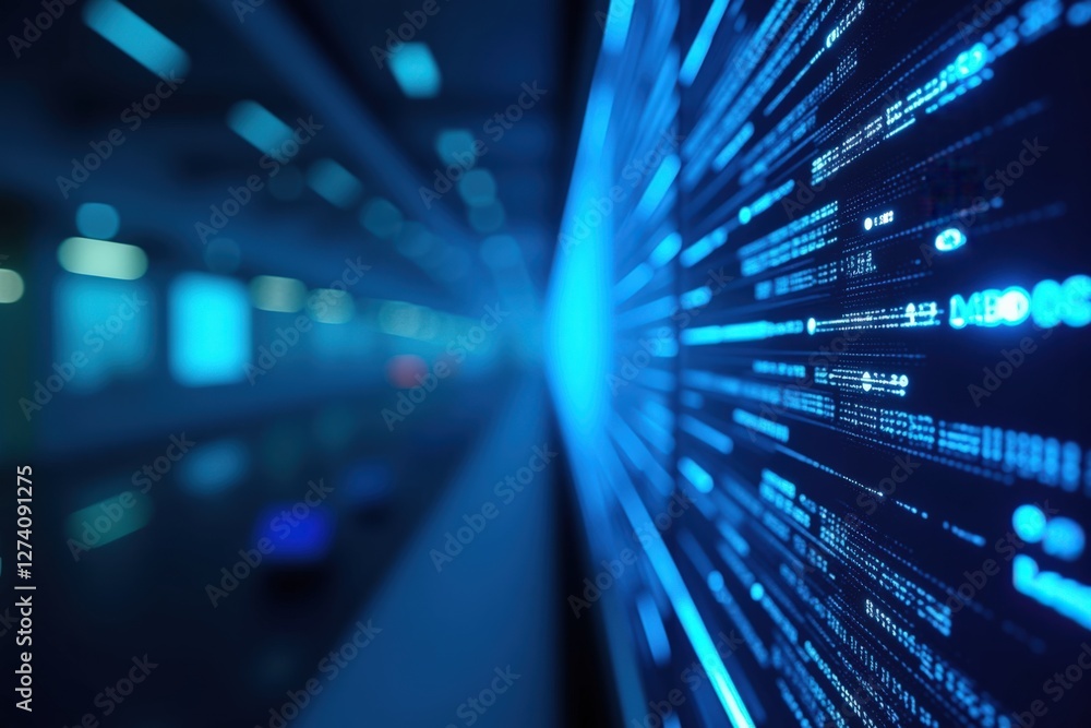 Poster abstract digital data visualization depicting advanced technology with blue light effects in a moder