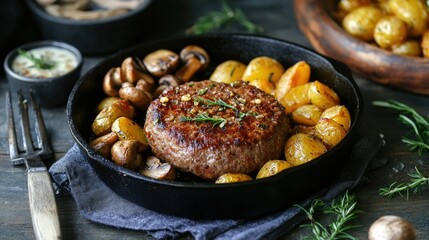 Hamburg steak served in a hot cast iron skillet with a side of garlic butter mushrooms and crispy roasted potatoes