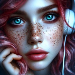 Girl red hair and freckles listening music