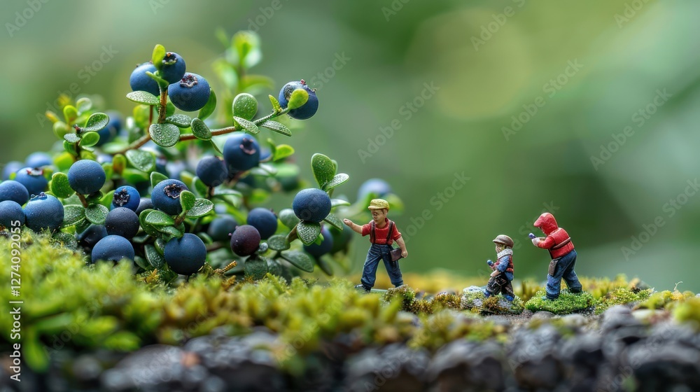 Poster miniature figures exploring a lush environment filled with blueberries.