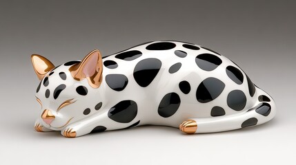 Decorative ceramic cat figurine with a sleek design, showcasing black and white spots, resting peacefully on a neutral background