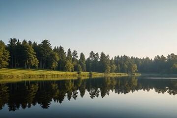 Obraz premium trees are reflected in the water of a lake in the middle of a forest