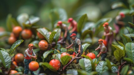 Miniature figures harvesting oranges among lush green leaves.
