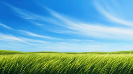 Obraz premium A vibrant landscape showcasing a lush green field under a clear blue sky, with soft clouds drifting above. This serene environment invites peace and tranquility.
