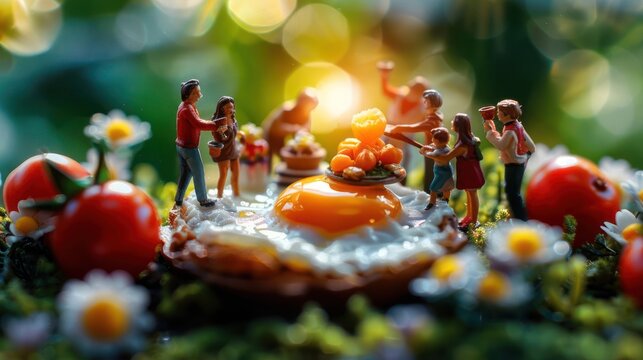 Miniature figures celebrate around a giant egg yolk in a vibrant, whimsical setting.