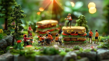 A whimsical scene of miniature figures enjoying oversized burgers in a lush, vibrant setting.