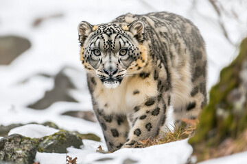 camouflaged snow leopard prowls through snowy landscape, showcasing its stunning fur and keen gaze