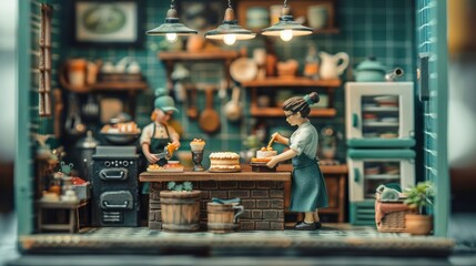 Miniature bakery scene with two figures preparing and decorating cakes in a cozy kitchen.