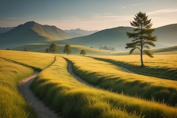 Fototapeta premium grassy field with a dirt road and a lone tree in the distance