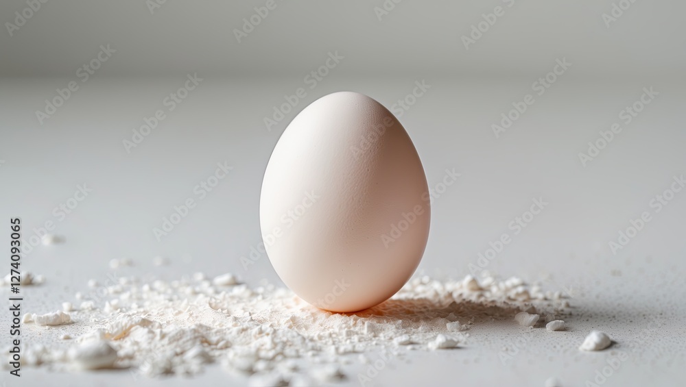 Poster a single white egg resting on a smooth surface surrounded by fine flour particles, creating a minima