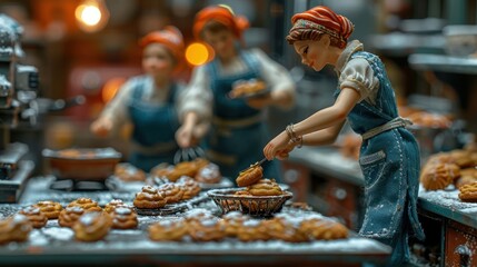 Miniature bakers preparing pastries in a cozy kitchen setting.