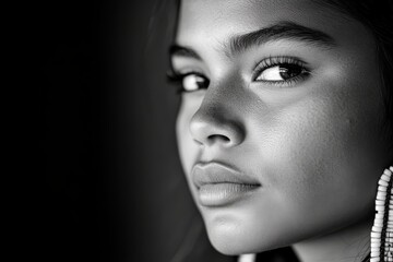 Fototapeta premium This artistic black and white close-up portrait reveals a woman's intense gaze, capturing her beauty and the subtle details of her skin and stunning accessories.