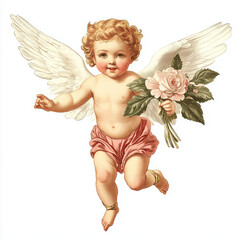 cherubic angel with curly hair and wings, joyfully holding bouquet of flowers. image conveys sense of innocence and beauty