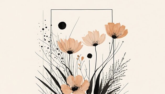 Minimalist botanical illustration with peach flowers and geometric shapes