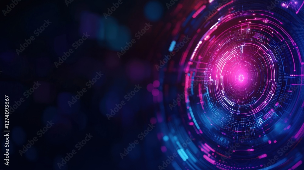 Aufkleber a vivid digital abstract design featuring a circular pattern with glowing pink and blue elements, re