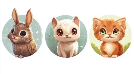 Fototapeta premium Cute animal portraits, digital art, adorable pets, children's book illustration