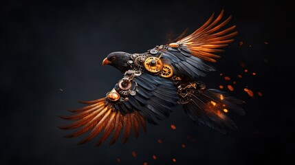 Steampunk mechanical bird with gears and fiery wings in flight
