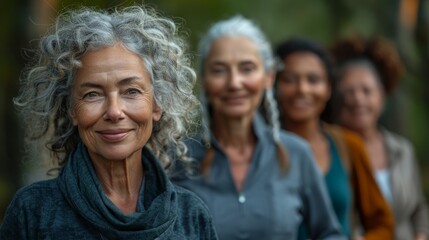 Fototapeta premium Woman stands confidently as group of diverse adults looks directly at her with smiles.