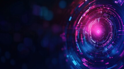 A vivid digital abstract design featuring a circular pattern with glowing pink and blue elements, representing technology and innovation in the digital space.