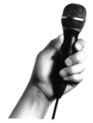 Halftone man's hand hold microphone isolated on white background. Cut-out design element in vintage retro style