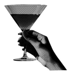 Halftone dots female holds martini glass in vintage trendy style. Design cut-out element