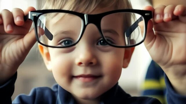 A child, blurred and out of focus, stands in the background, holding a pair of glasses.