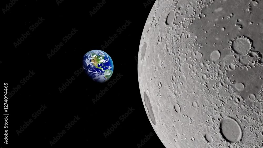 Poster lunar perspective revealing rotating planet earth, dark lunar surface and crater filled landscape sh