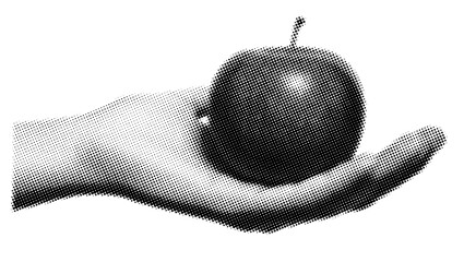 Female halftone hand holding red apple isolated in white background. Hand give fruit in vintage retro style