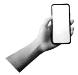 halftone dots hand holding a black smartphone with a blank screen in vintage retro style