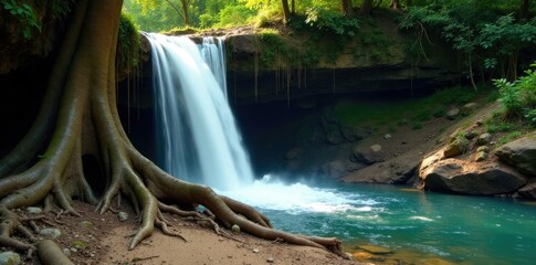 Ancient tree roots exposed beneath the waterfall's surface, soil, geology, waterfall