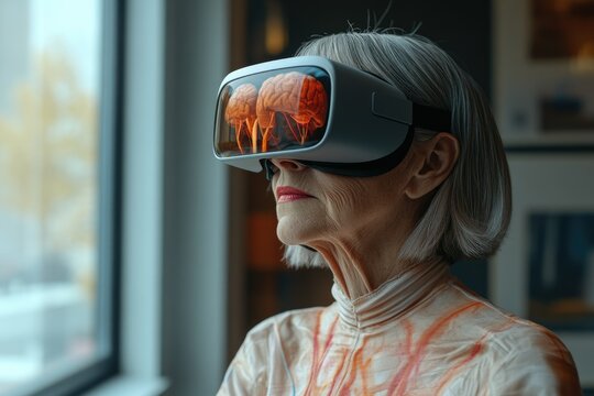 Elderly woman using VR headset, visualizing brain activity, exploring neuroscience or cognitive studies.