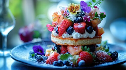 Obraz premium High-end fruit sandwich with strawberries, blueberries, and whipped cream, plated with edible flowers, elegant dessert setting