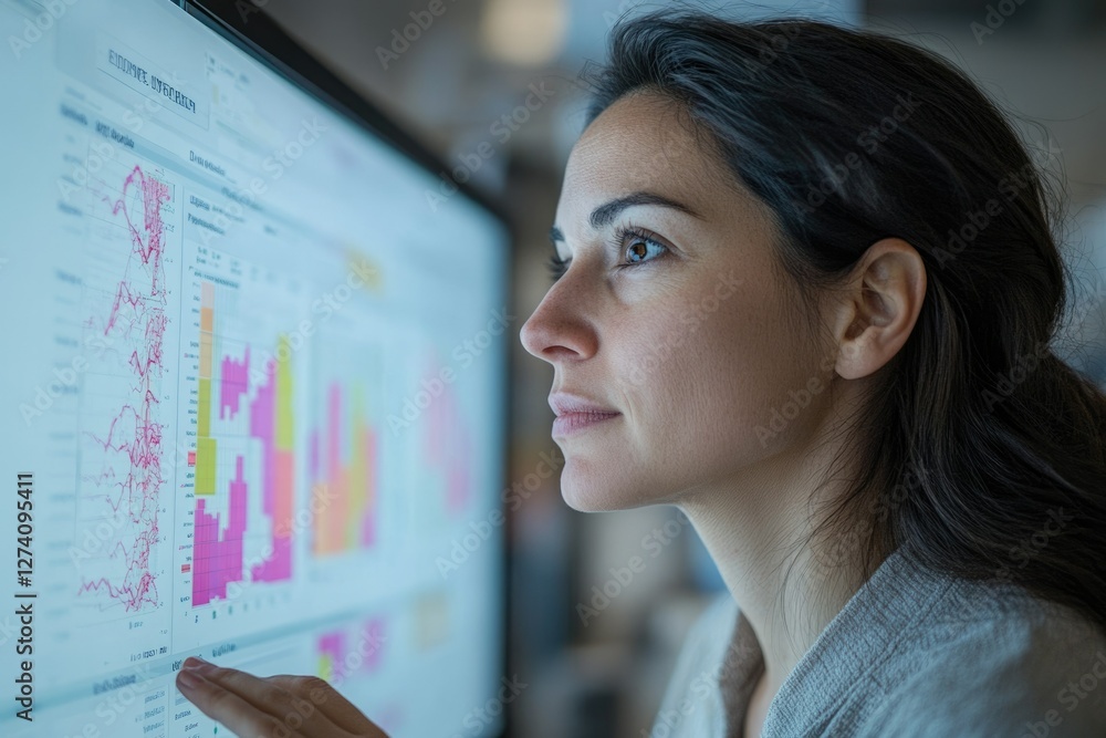 Poster woman attentively reviewing complex data visualizations on a large screen, likely conducting data an