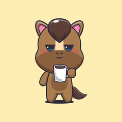horse mascot cartoon character vector illustration is tired and sleepy holding coffee