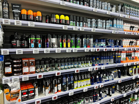 Lviv, Ukraine - February 16, 2025: Wide selection of men's hygiene products neatly arranged on store shelves