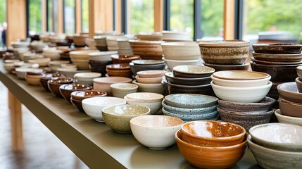 A vibrant artisanal shop showcases an exquisite collection of handmade ceramic bowls, beautifully displayed in the daylight