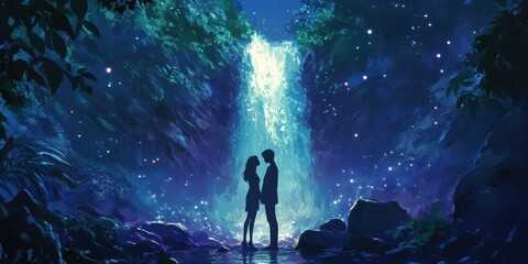 Fototapeta premium A loving couple embraces under a breathtaking starry sky, gazing into each other’s eyes, sharing an intimate moment in the serene night