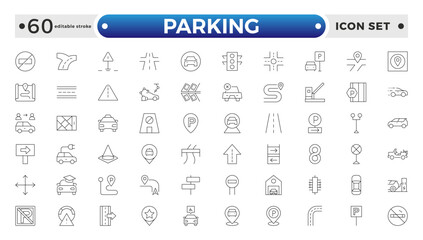 parking outline icons related to road, street, drive, crosswalk, highway, traffic, lights, gps, bridge, roundabout, directions, barrier. Editable stroke outline icon. 
