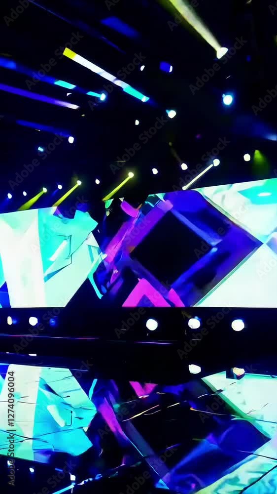 Poster vibrant led light show with dynamic geometric patterns on stage