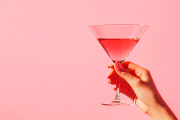 Female hand holds Red martini glass on pink background with copy space and shadow. Blank background with cocktail with cherry and cute light