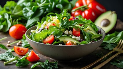 Vibrant mixed salad featuring fresh greens, tomatoes, cucumbers, and avocado served in a rustic bowl with golden utensils