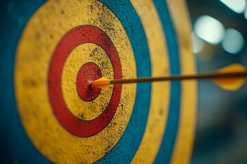 Archery target, arrow hitting bullseye, indoor, blurred background, success concept