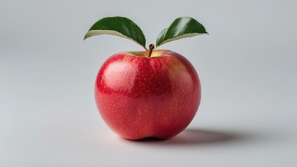A vibrant red apple with shiny skin, resting on a smooth light gray surface, featuring two green leaves on top