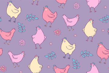 Easter seamless pattern with hen, flowers and leaves. Good for fabric, background, postcards. Cartoon funny animals in pastel colours