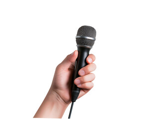 man's hand hold microphone isolated on white background