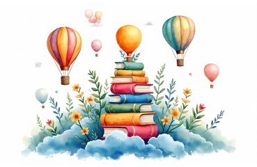 Obraz premium Watercolor illustration card with color books pile, plants, hot air balloons. Back to school concept. International literacy day banner. Colorful reading, learning, knowledge background. Studying,