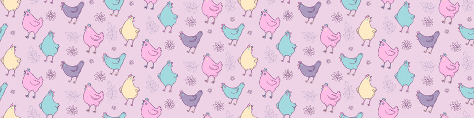 Easter seamless pattern with hen, flowers and leaves. Good for fabric, background, postcards. Cartoon funny animals in pastel colours