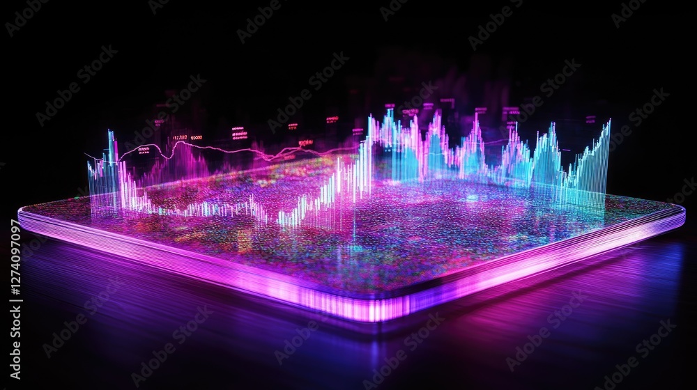 Poster interactive holographic interface with stock market graphs and economic data, representing global fi