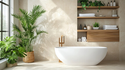 Stylish bathroom featuring eco friendly fixtures and natural elements, creating serene atmosphere