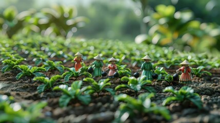 Obraz premium Miniature figures tending to a lush green field of plants, showcasing agricultural activity.